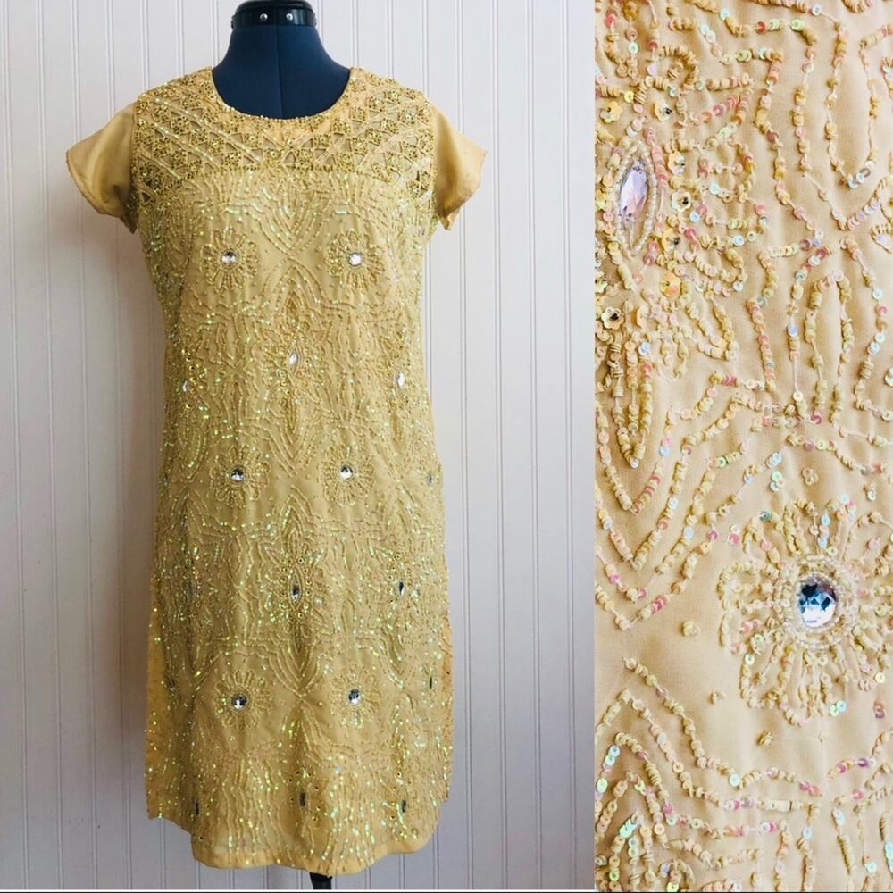 Vintage Yellow ButterCup Sequin Beaded Tunic Top Indian Dress Rhinestones Fancy